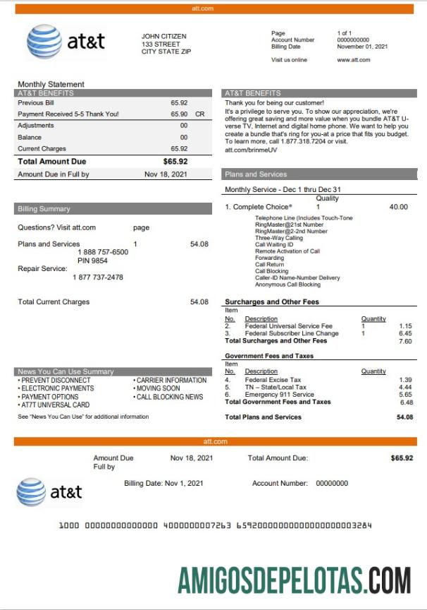 imprimível Modelo de conta de serviços públicos de telecomunicações da AT&T dos EUA Texas em formato Word e PDF